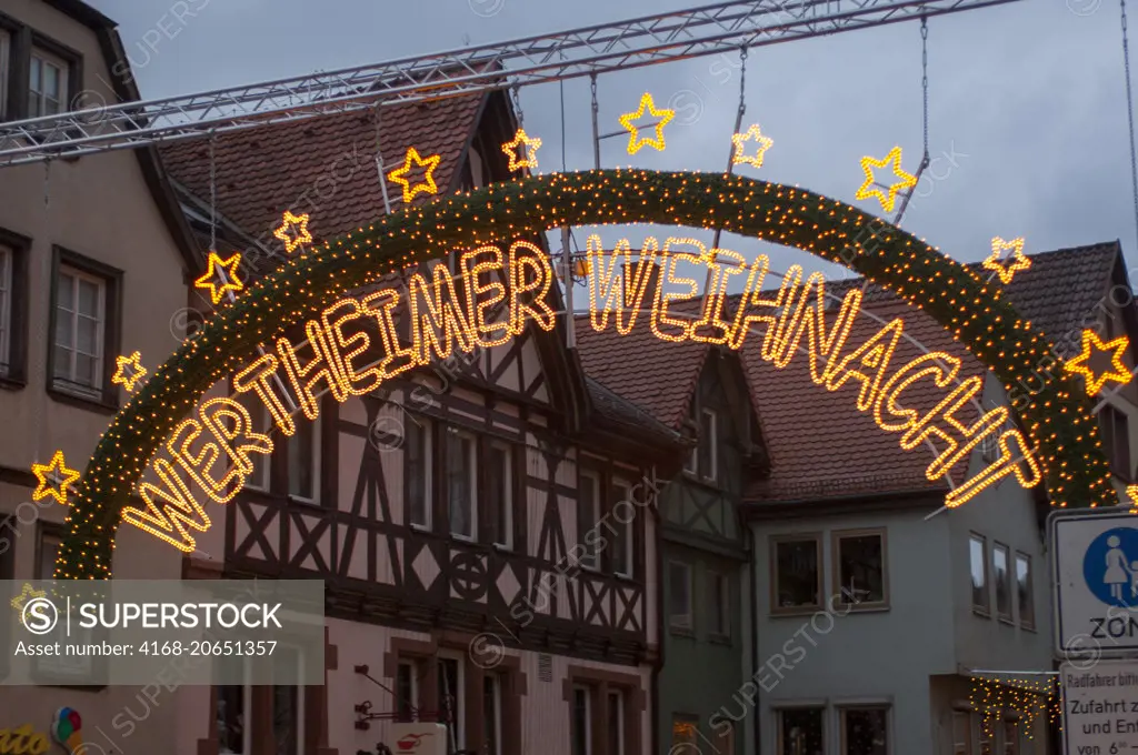 Street scene with Christmas decorations in the small town of Wertheim in Baden-Wurttemberg in Germany.