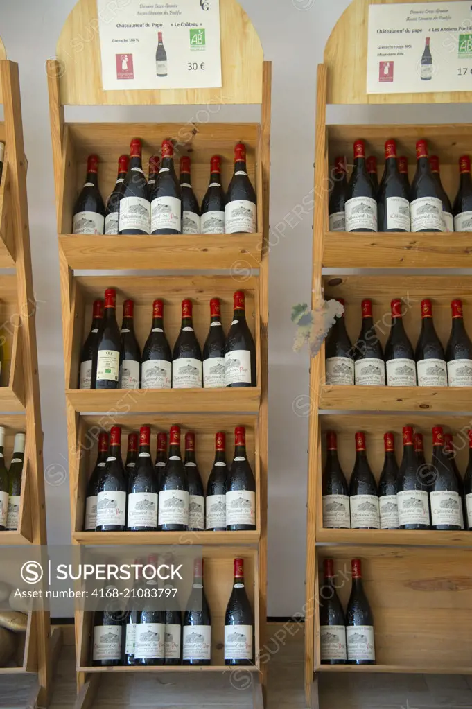 Bottles of wine are on display in the village of Chateauneuf-du-Pape, which is in the Vaucluse department, Provence-Alpes-Côte d'Azur region in southeastern France.