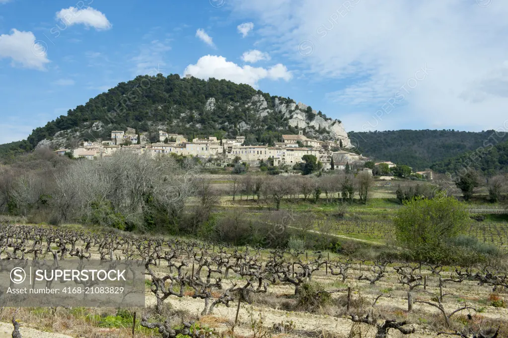View of the medieval village of Seguret in the Vaucluse department of the Provence-Alpes-Côte d'Azur region in southeastern France.