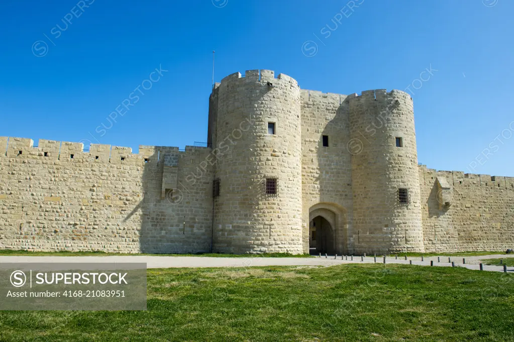 The ramparts of the fortified city of Aigues-Mortes in the Languedoc-Roussillon region of southern France were built during the 13th and 14th centuries.