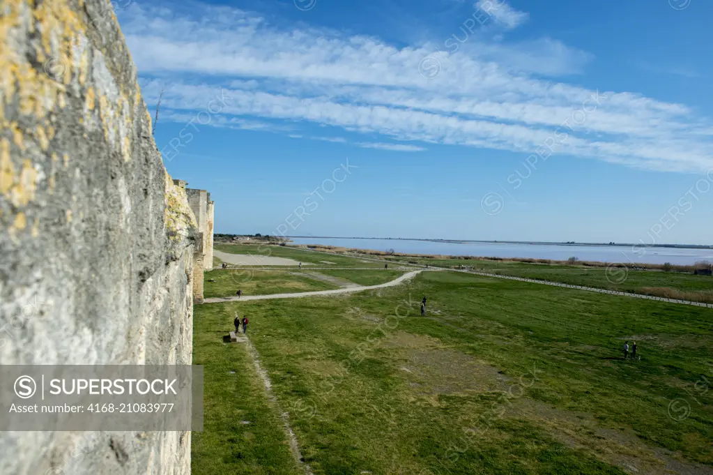 View from the ramparts of the fortified city of Aigues-Mortes in the Languedoc-Roussillon region of southern France.