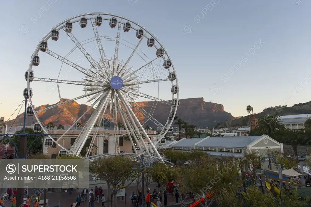 The Cape Wheel (Ferris wheel) at the V & A Waterfront in Cape Town, South Africa with Table Mountain in background.