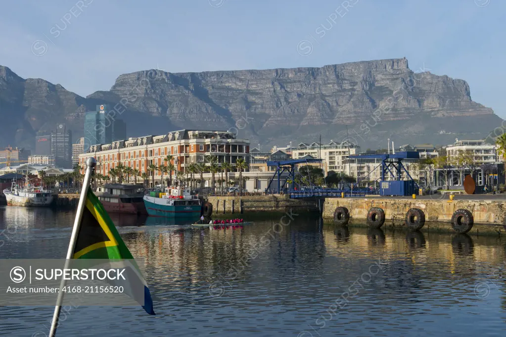 The V & A Waterfront in Cape Town, South Africa with Table Mountain in the background.