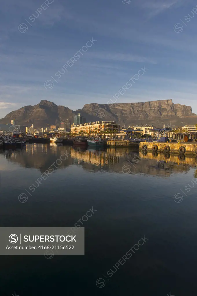 The V & A Waterfront in Cape Town, South Africa with Table Mountain in the background.