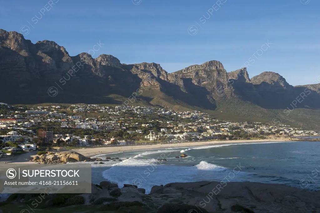 View from Camps Bay to the Twelve Apostles, a mountain range near Cape Town, South Africa.