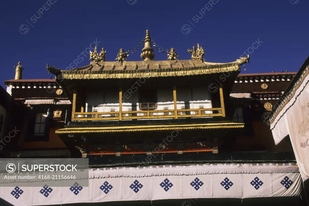 View of the architecture at the Jokhang Temple in Lhasa, Tibet, China.