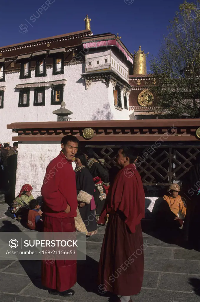 Tibetan monks at the Jokhang Temple in Lhasa, Tibet, China.