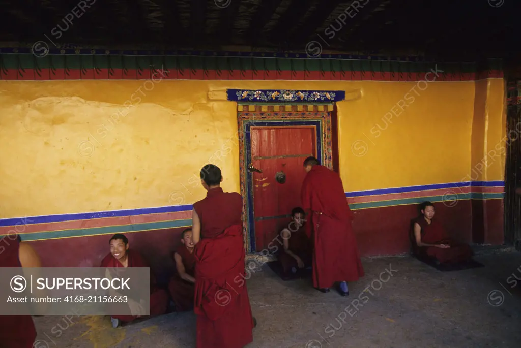 Monks are getting together to debate at the Jokhang Temple in Lhasa, Tibet, China.