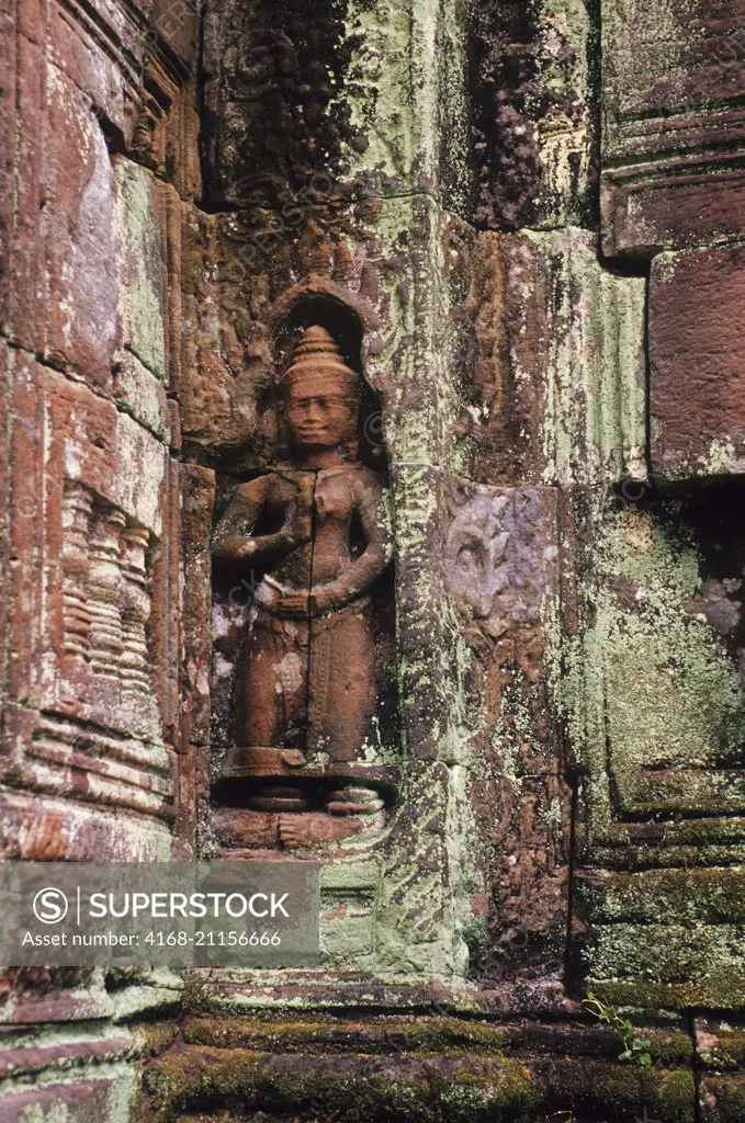 A bas-relief carving of a goddess at Preah Khan Temple in Angkor at Siem Reap in Cambodia.