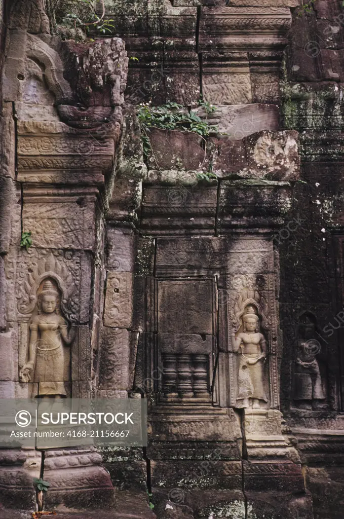 A bas-relief carving of goddesses at Preah Khan Temple in Angkor at Siem Reap in Cambodia.
