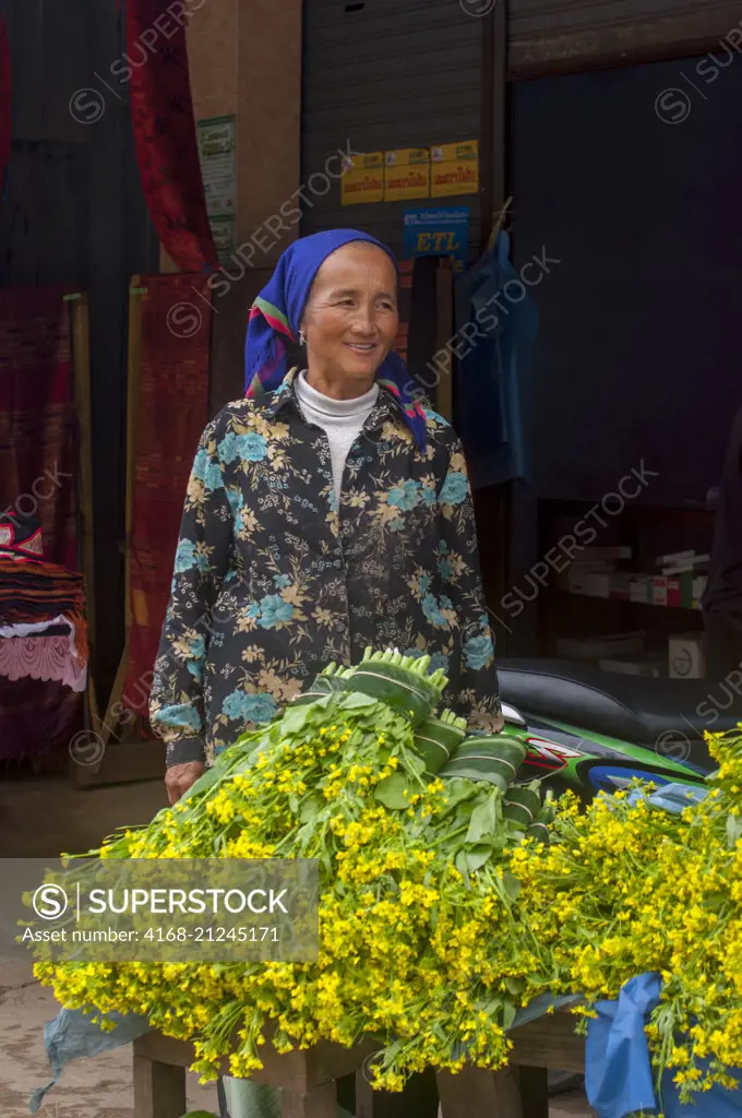 A street scene with a woman selling Chinese kale at a market in Phou Khoun, Laos.