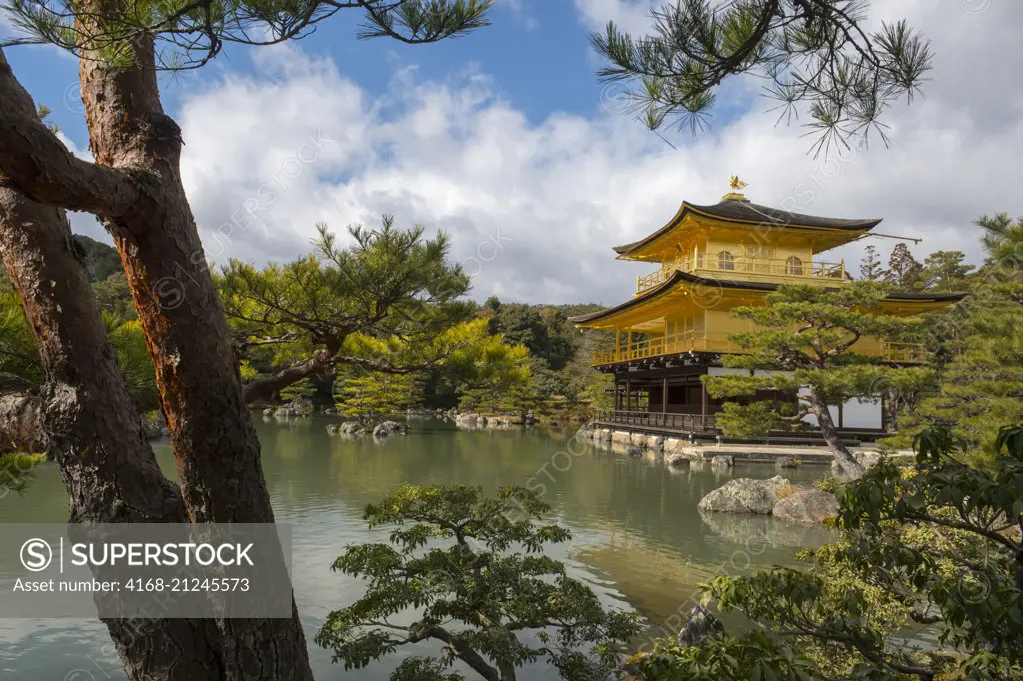 View of the Kinkaku-ji or Temple of the Golden Pavilion which is officially named Rokuon-ji (Deer Garden Temple), and is a Zen Buddhist temple in Kyoto, Japan.