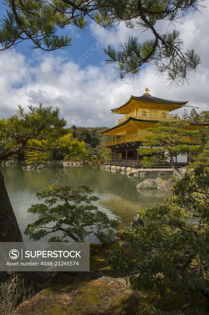 View of the Kinkaku-ji or Temple of the Golden Pavilion which is officially named Rokuon-ji (Deer Garden Temple), and is a Zen Buddhist temple in Kyoto, Japan.