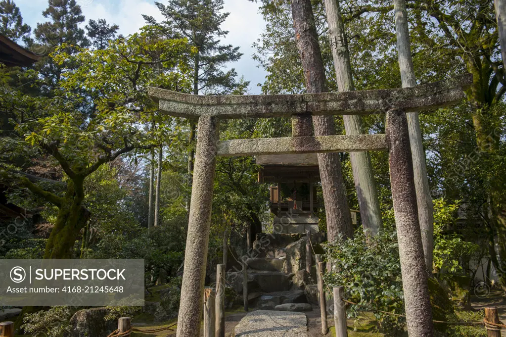View of a small shrine in the garden of the Ginkaku-ji or Temple of the Silver Pavilion (UNESCO World Heritage Site), a Zen temple in the Sakyo ward of Kyoto, Japan.