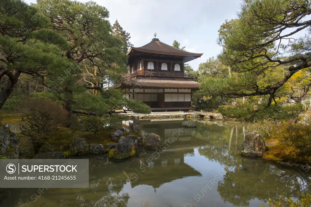 View of the Kannonden (Kannon Hall) or Silver Pavilion at  the Ginkaku-ji or Temple of the Silver Pavilion (UNESCO World Heritage Site), a Zen temple in the Sakyo ward of Kyoto, Japan.