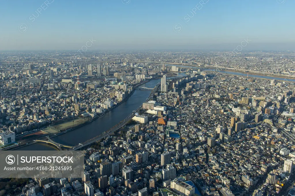 View from the Tokyo Skytree tower, which is the tallest tower in the world and is a broadcasting, restaurant, and observation tower in Sumida, Tokyo, Japan.