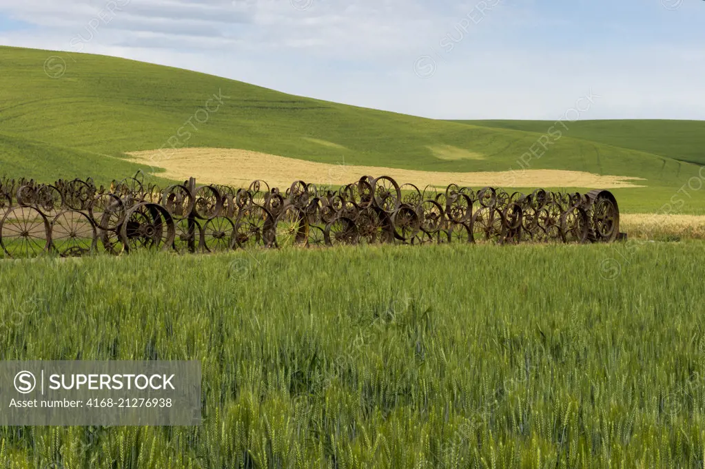 View of the metal wheel fence at the Dahmen Barn (Art Barn) in Whitman County in the Palouse near Pullman, Washington State, USA.
