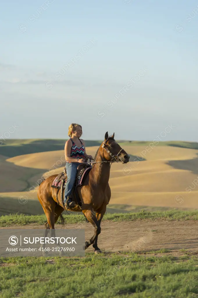 A teenage girl riding a horse on a ridge in the fields in Whitman County in the Palouse, Washington State, USA.