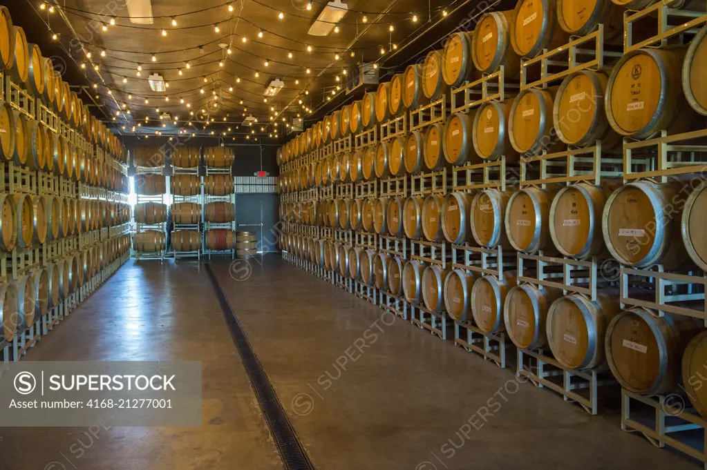 Interior with wine barrels of Merry Cellars winery in Pullman in Whitman County in the Palouse, Washington State, USA.