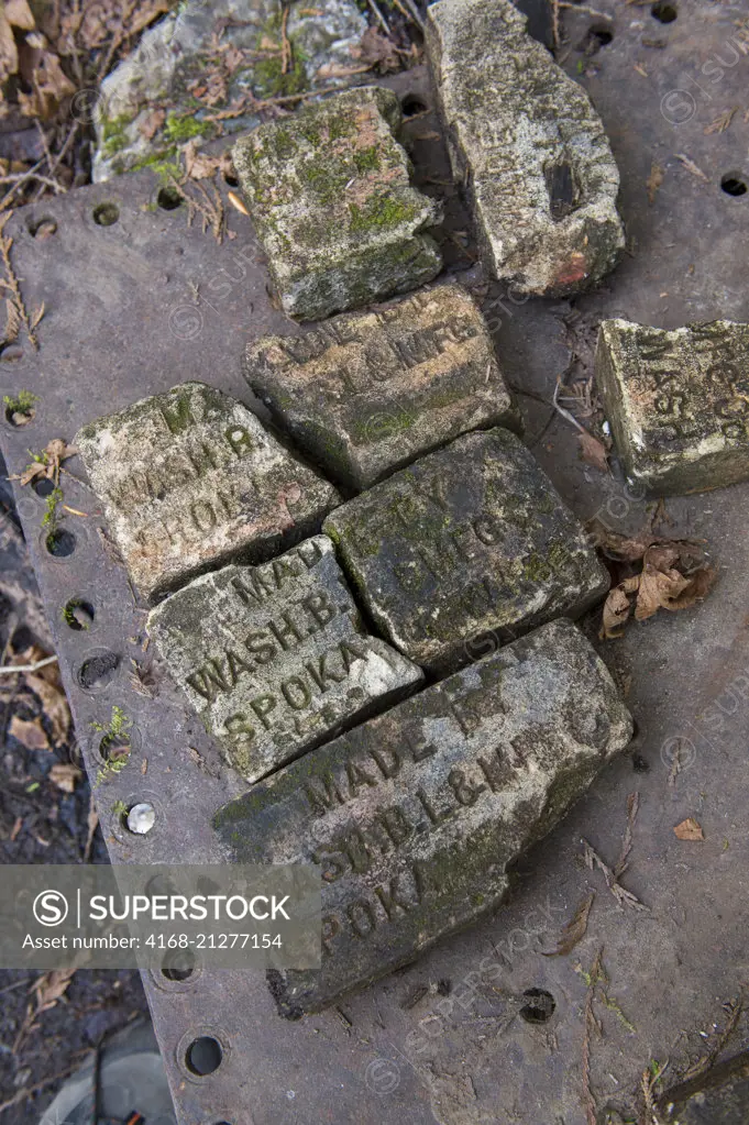Old bricks, relics from the mining and logging past, along the Lime Kiln Trail near Granite Falls, Washington State, USA.
