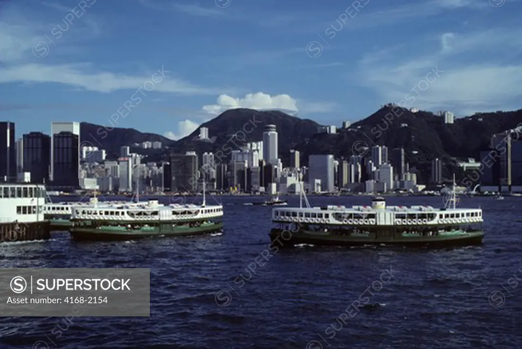 Hong Kong, Harbor With Ferries, Victoria Peak Background