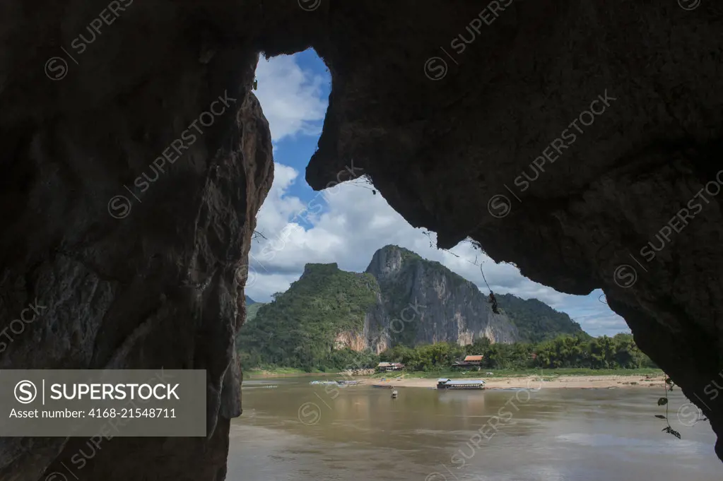 View from the Pak Ou Cave (in a limestone mountain) of the Mekong River near Luang Prabang in Central Laos.