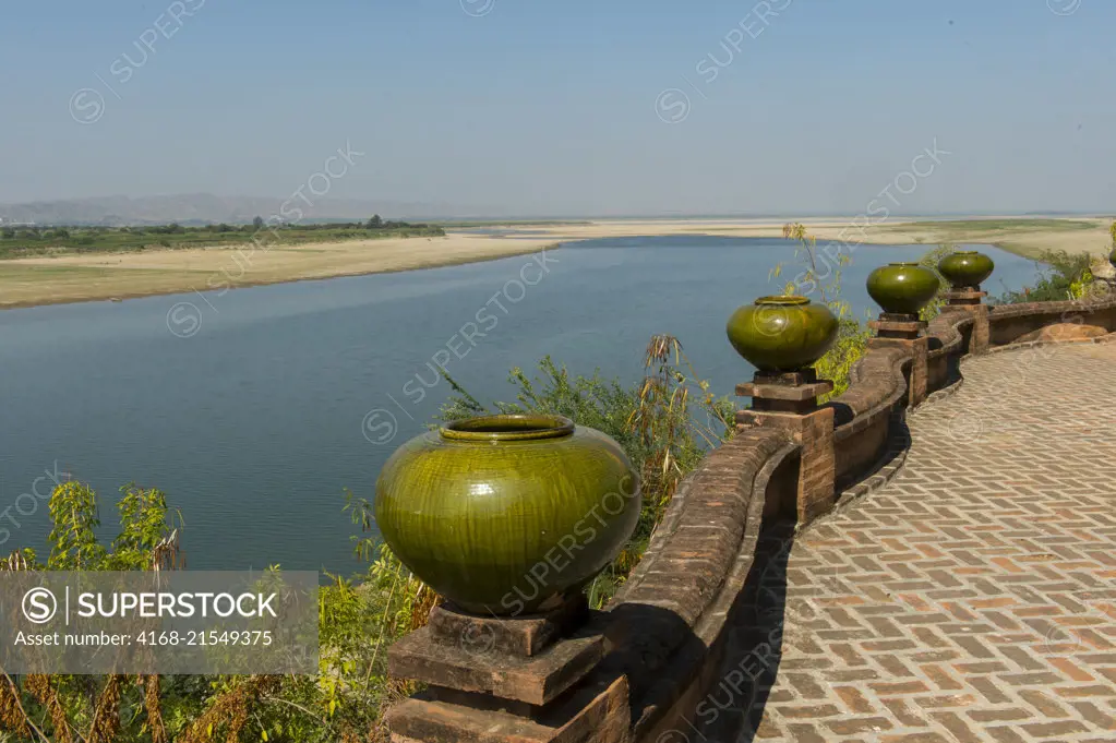 View of the Irrawaddy River (Ayeyarwady River) from the patio of a restaurant in Bagan, Myanmar.