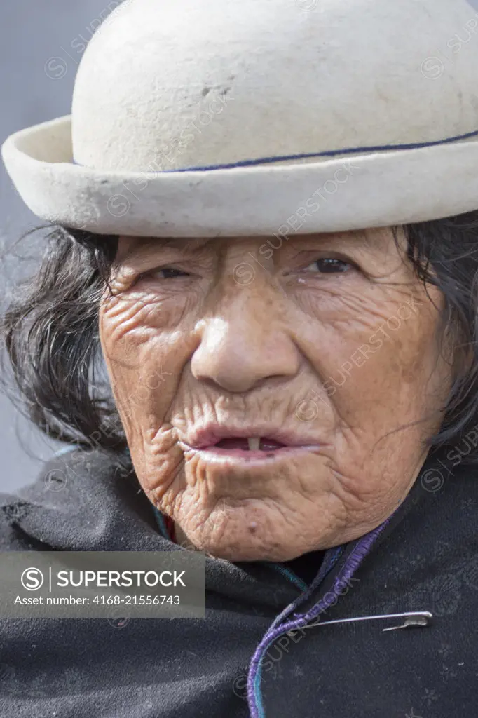 Portrait of an old woman in the city of Quito, Ecuador.