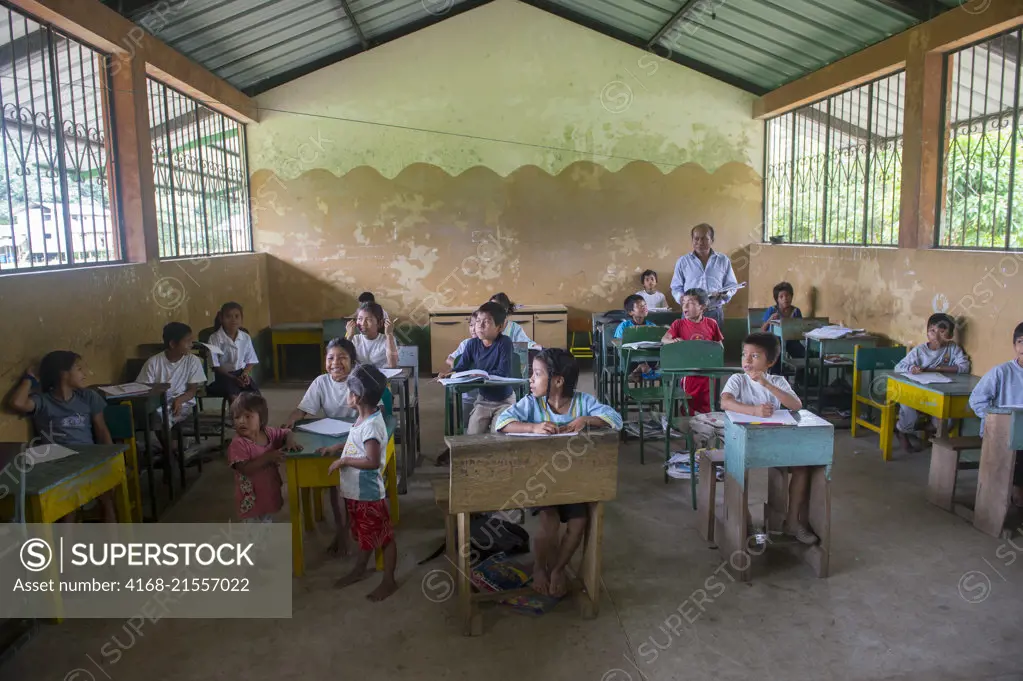 Elementary school children in the classroom at the Kichwa native community O El Pilchi near La Selva Lodge near Coca, Ecuador.