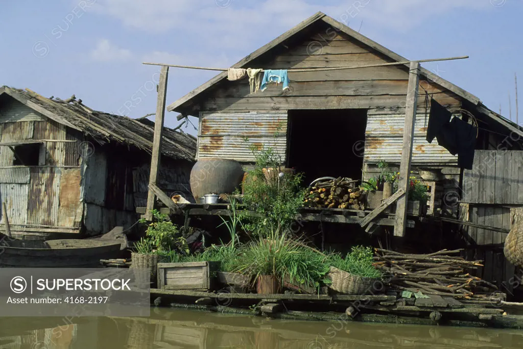 Cambodia, Near Siem Reap, Tonle Sap Lake, Floating House And Garden