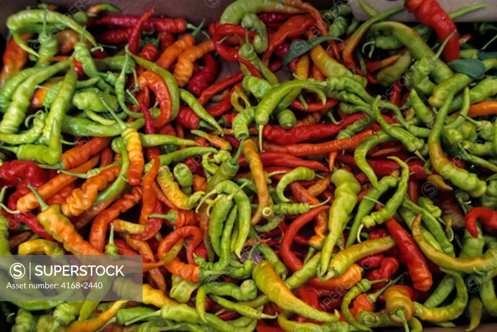 Italy, Venice, Market Scene With Green And Red Peppers