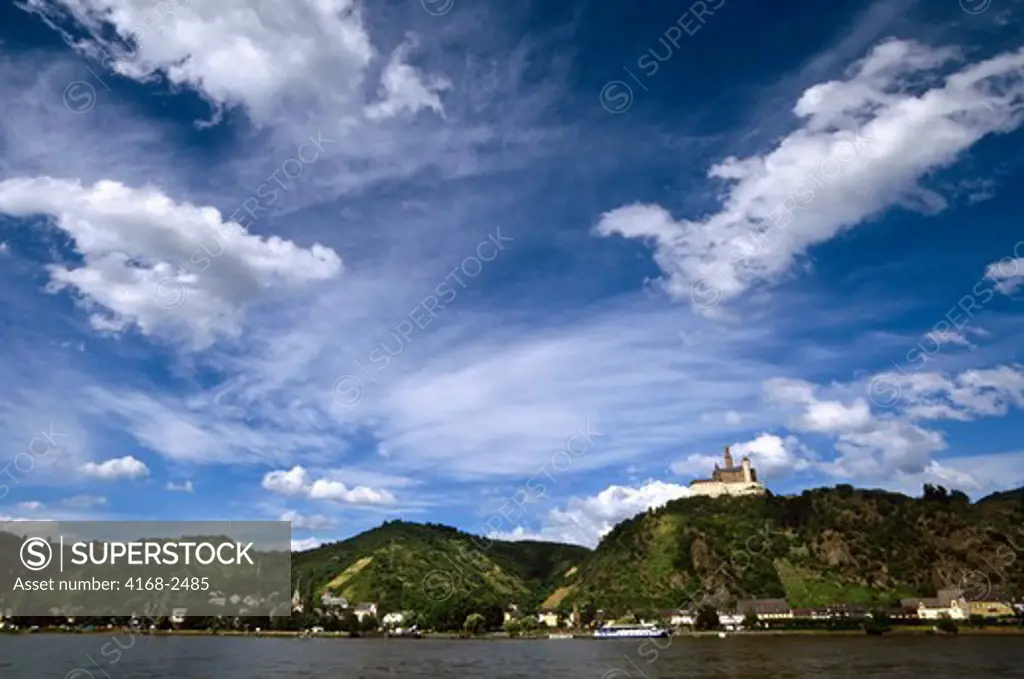 Germany, Rhine River, Braubach, Marksburg Fortress, (12th Century), Sky With Clouds