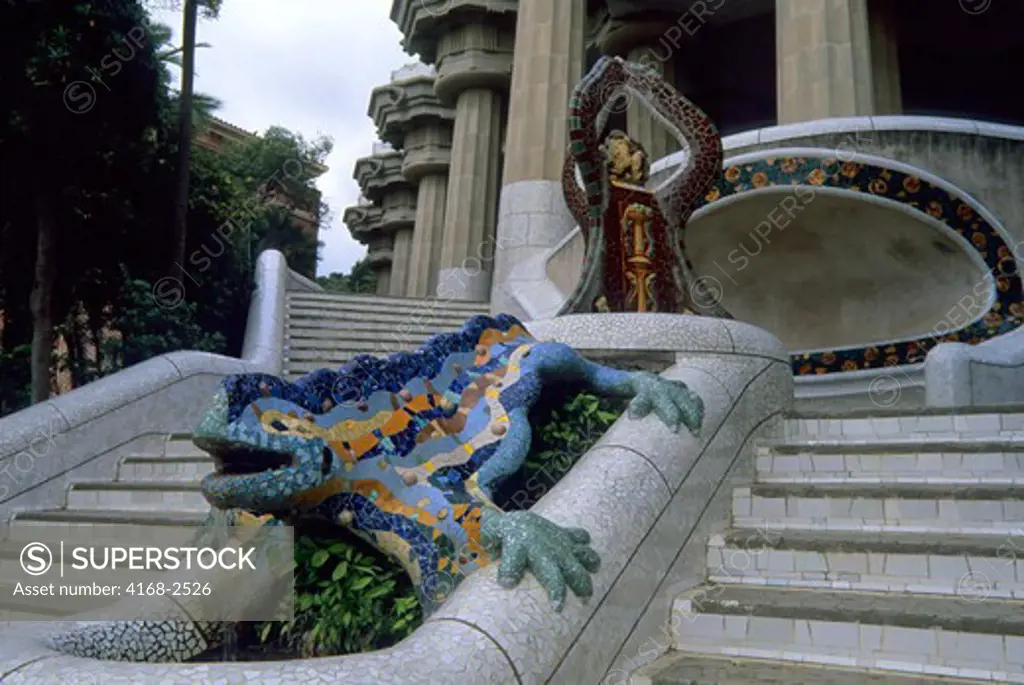 Spain, Barcelona, Park Guell, Main Steps, Dragon Statue