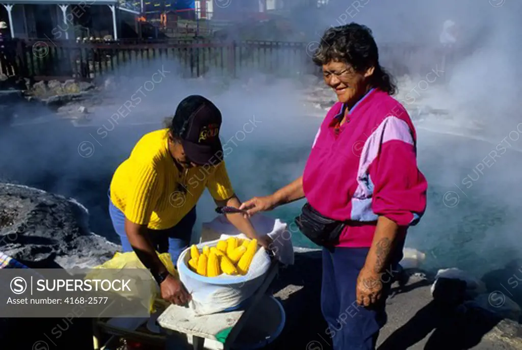 New Zealand, Rotorua, Whakarewarewa Thermal Area, Maori Women Cooking Corn In Hot Spring