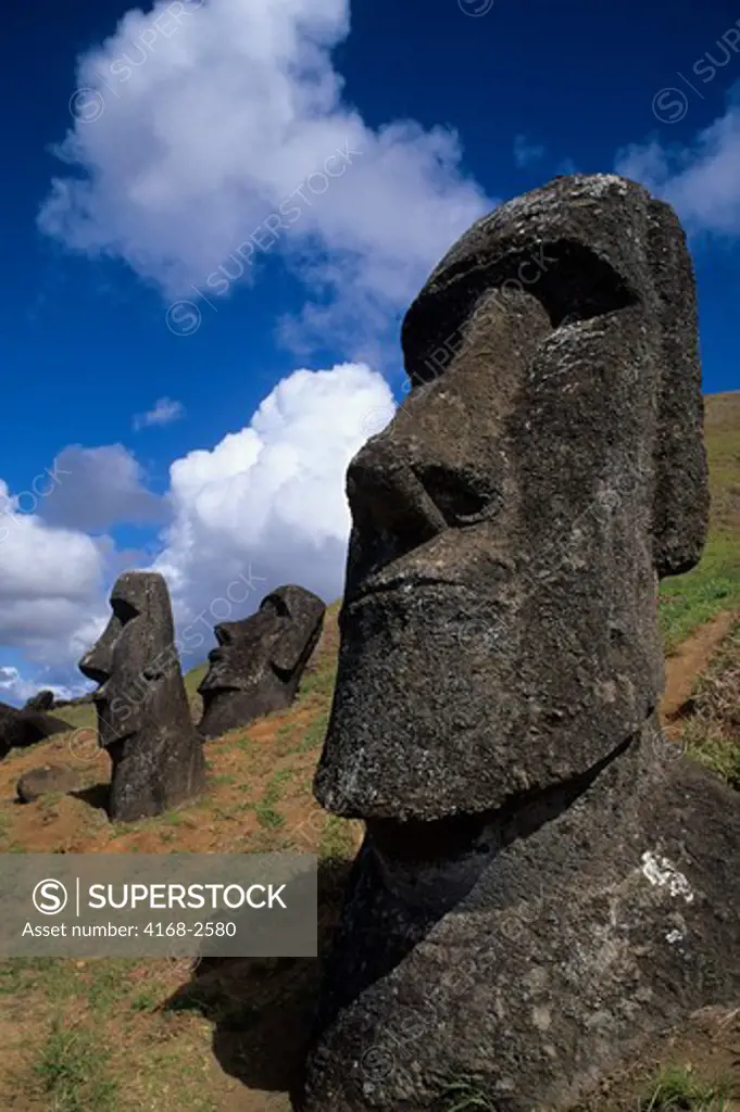 Easter Island, Rano Raraku Quarry, Moai Statues On Hillside