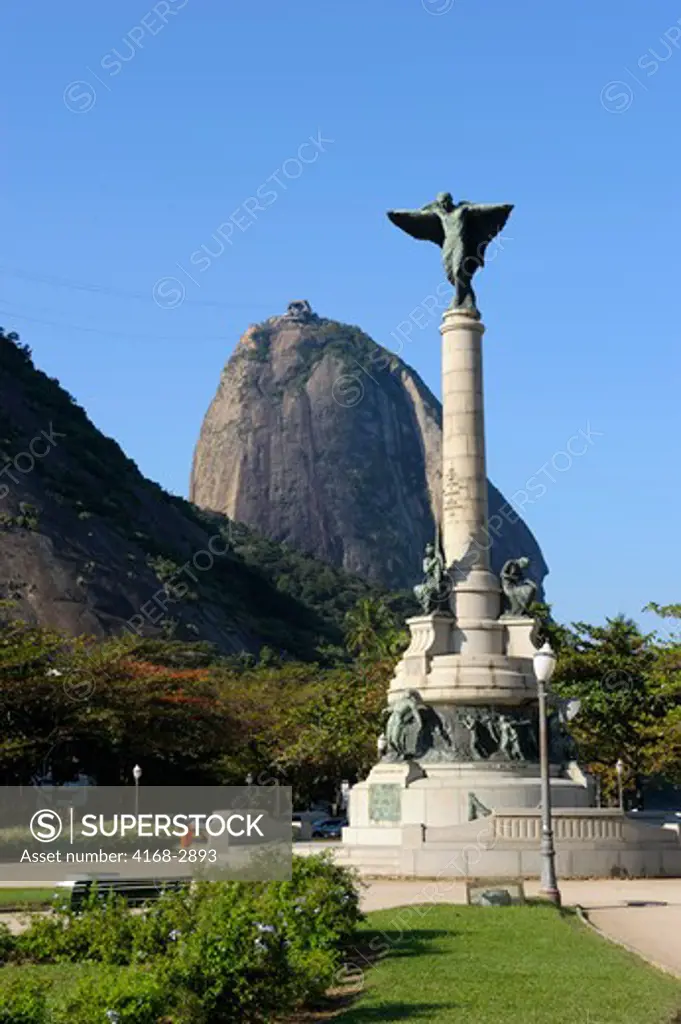 Brazil, Rio De Janeiro, Vermelha Beach, War Memorial With Sugarloaf Mountain In Background