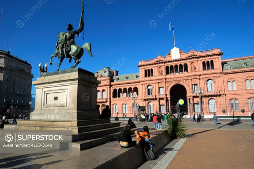 Argentina, Buenos Aires, Plaza De Mayo, Casa Rosada (The Pink House), Government Building, Equestrian Statue Of General Manuel Belgrano