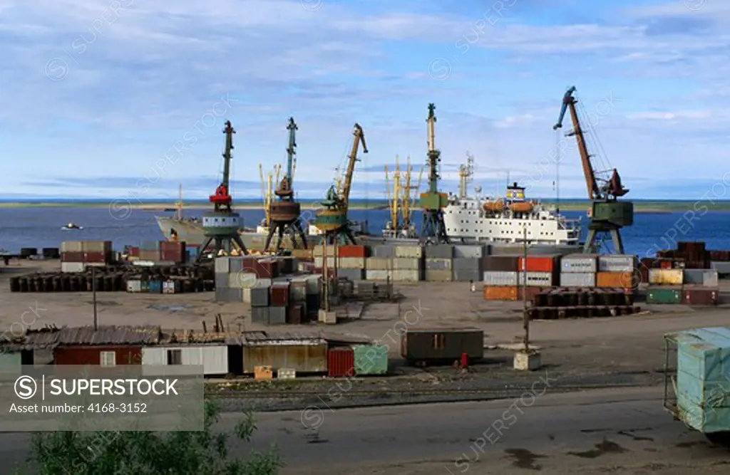 Russia, Siberia, Yenisey River, Dudinka, Port, Containers Being Loaded