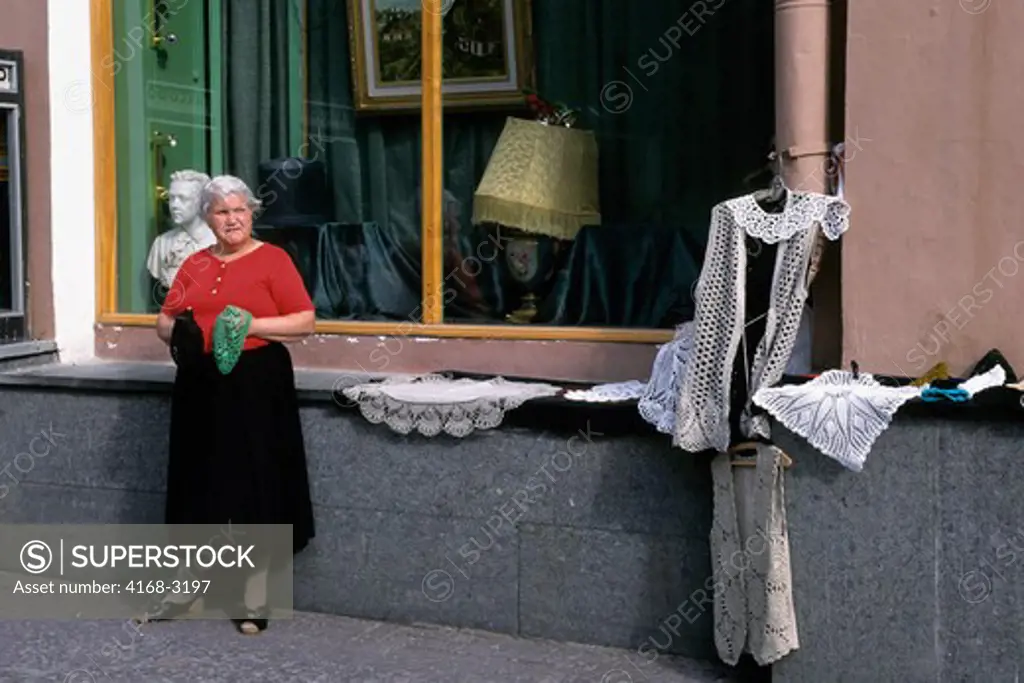 Russia, Moscow, Old Arbat Street, Street Scene, Woman Selling Crocheted Pieces