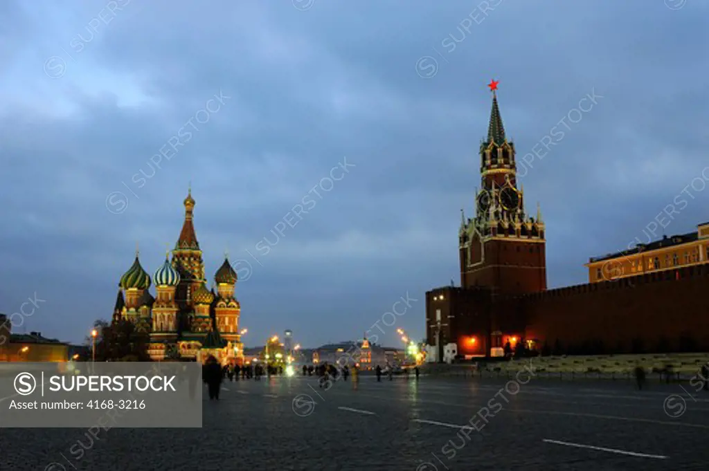 Russia, Moscow, Red Square, St. Basil's Cathedral And Kremlin At Night