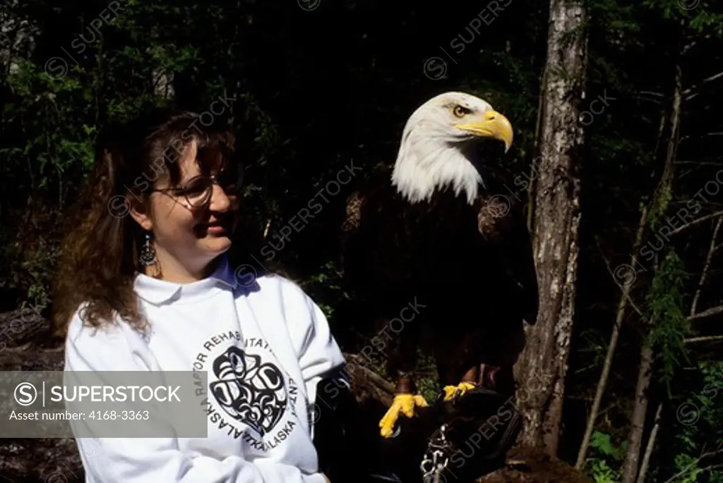 Usa,Alaska,Sitka, Alaska Raptor Rehabilitation Center, Dr. Vicky Vosburg With Bald Eagle