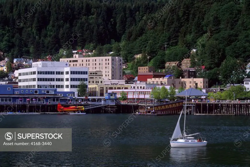 Usa, Alaska, View Of Juneau With Seaplane And Sailboat