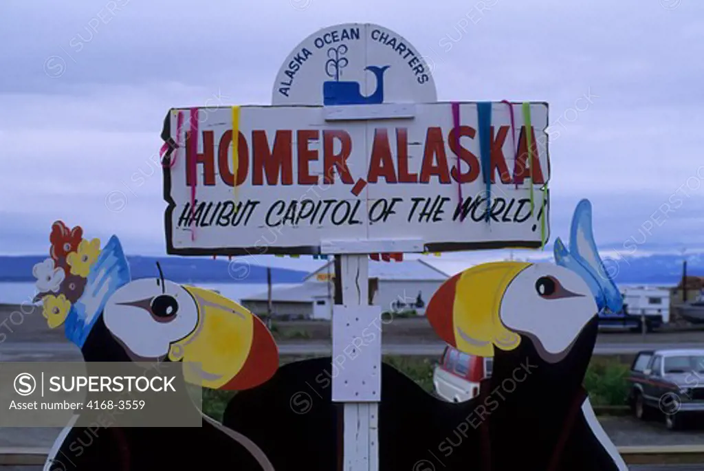Usa, Alaska, Homer, Homer Spit, Halibut Capital Of The World Sign