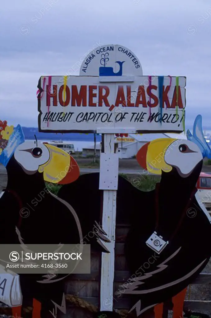 Usa, Alaska, Homer, Homer Spit, Halibut Capital Of The World Sign