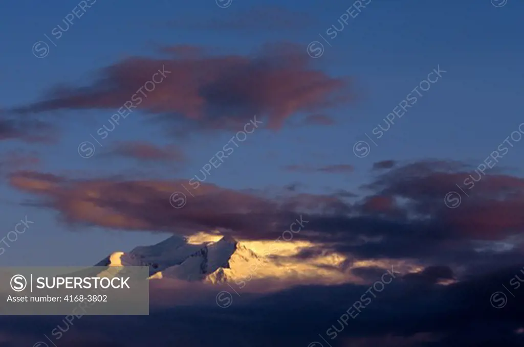 Usa, Alaska, Denali National Park, Wonder Lake Area, Mt. Mckinley (Denali) Engulfed In Clouds (Midnight)