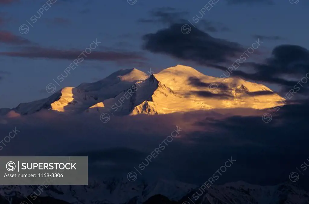 Usa, Alaska, Denali National Park, Wonder Lake Area, Mt. Mckinley (Denali) Midnight Sunshine