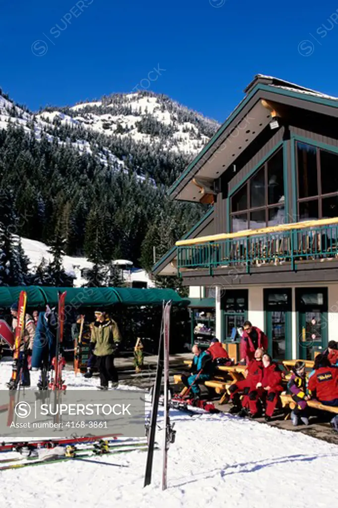 Usa, Washington, Crystal Mountain Resort, Ski Lodge With Skiers Sunning Themselves
