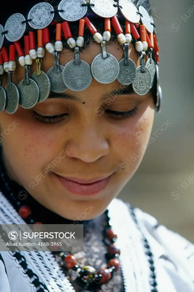 Morocco, Near Marrakech, Atlas Mountains, Ourika Valley, Berber Woman, Portrait, Coins