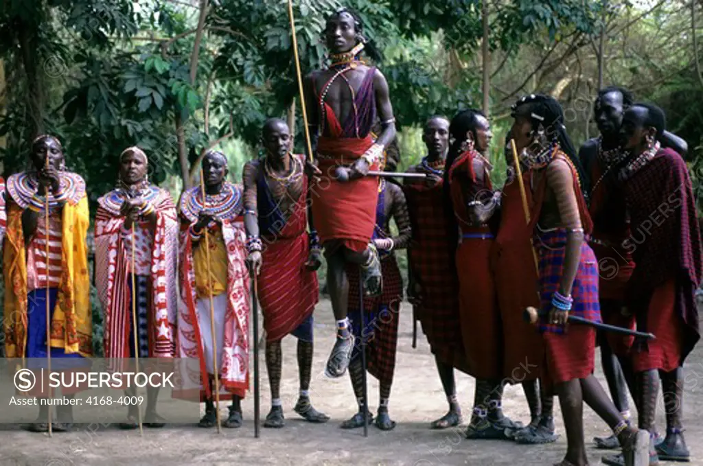 Kenya, Amboseli, Masai Dancers, Man Jumping