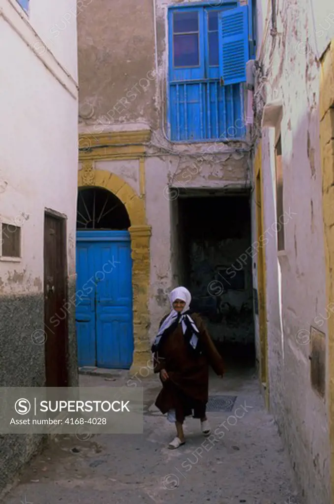 Morocco, Essaouira, Architecture, Door And Window, Alley Scene With Woman